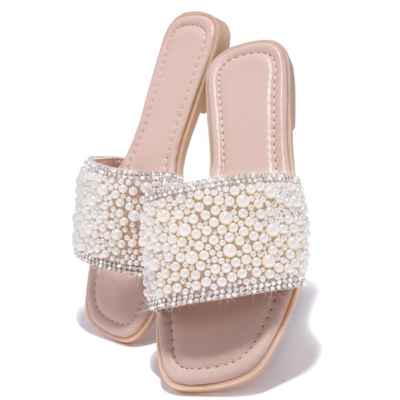 NEW🔥 Jeweled Pearl Bling Rhinestone Open Toe Slide Sandal Flat Flip Flops - Picture 4 of 6
